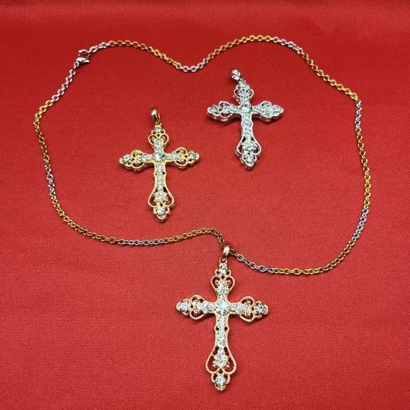 Tricolor Chain and Cross Pendant Set of 3